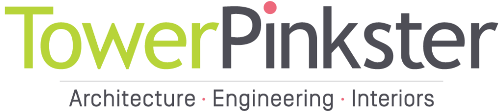 The TowerPinkster logo prominently displays TowerPinkster in large font, with Tower in light green and Pinkster in dark gray. Below, Architecture • Engineering • Interiors is elegantly written in gray with red dots, reflecting the brands professional essence.