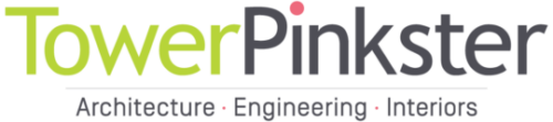 The TowerPinkster logo prominently displays TowerPinkster in large font, with Tower in light green and Pinkster in dark gray. Below, Architecture • Engineering • Interiors is elegantly written in gray with red dots, reflecting the brands professional essence.