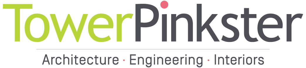 The TowerPinkster logo prominently displays TowerPinkster in large font, with Tower in light green and Pinkster in dark gray. Below, Architecture • Engineering • Interiors is elegantly written in gray with red dots, reflecting the brands professional essence.