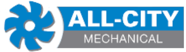 Logo of All-City Mechanical, reminiscent of the sleek style seen at Willys Overland Lofts. The design features a stylized blue gear on the left, with ALL-CITY in blue and MECHANICAL in gray on the right, all set against a transparent background.