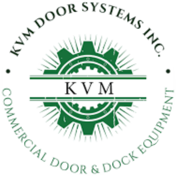 The logo of KVM Door Systems Inc. integrates a green gear design with KVM in the center, reminiscent of industrial style akin to Willys Overland Lofts. At the top, it reads KVM DOOR SYSTEMS INC. and at the bottom, COMMERCIAL DOOR & DOCK EQUIPMENT, all arranged circularly.