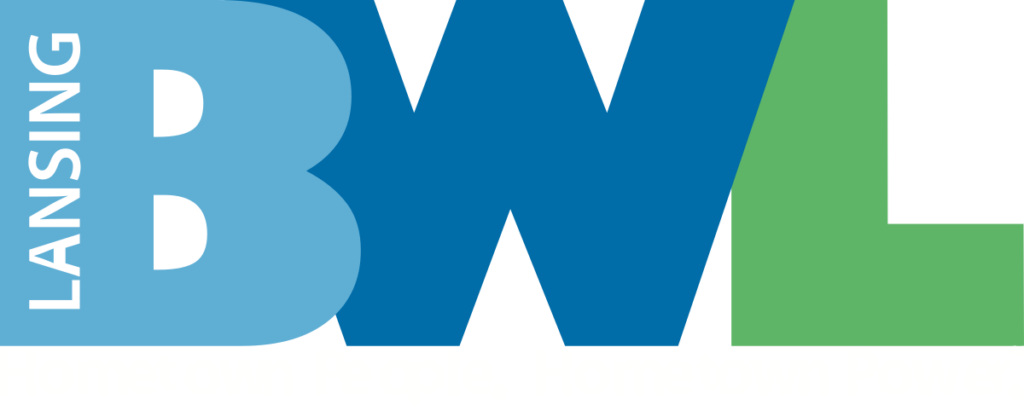 A logo featuring large letters BWL in blue and green with LANSING written vertically beside the B. Below, it proudly states, Hometown People. Hometown Power, symbolizing the spirit of the Lansing Board of Water & Light.