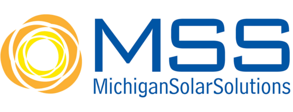 Logo for Michigan Solar Solutions (MSS) with a stylized yellow and orange sun design on the left, paired with MSS Michigan Solar Solutions in blue. Inspired by the innovation of Willys Overland Lofts, it embodies modern energy solutions.