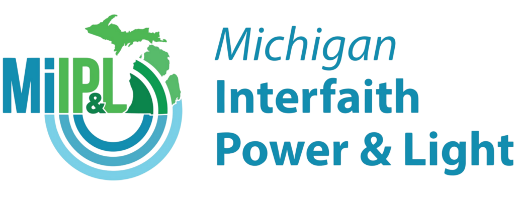 The logo for Michigan Interfaith Power & Light, integrated with elements of Lord of Lords Ministries, features a green outline of Michigans map as part of the acronym MiIPL in green and blue. The full name is elegantly displayed to the right in blue text.