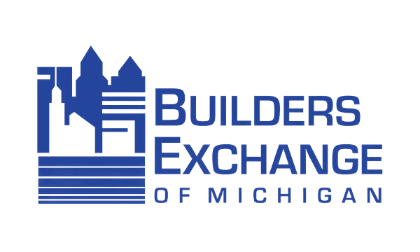 Logo of Builders Exchange of Michigan featuring blue silhouettes of city buildings and stylized text, highlighting its focus on sustainable building.