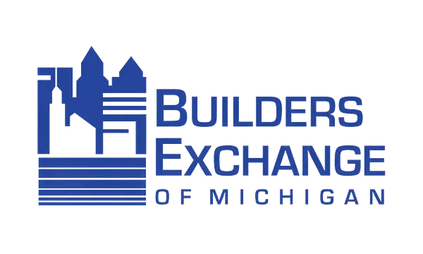 Logo of Builders Exchange of Michigan featuring blue silhouettes of city buildings and stylized text, highlighting its focus on sustainable building.